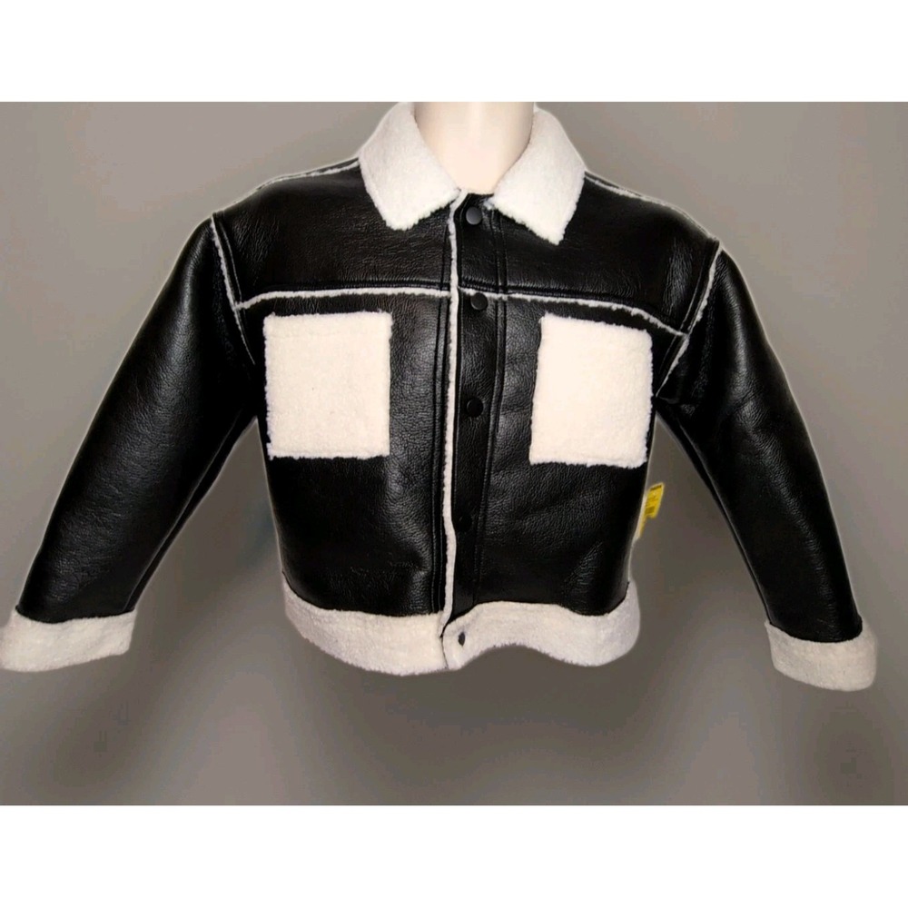 RSQ Youth Black Faux Leather Sherpa Trim Winter Coat Jacket Size Large NWT